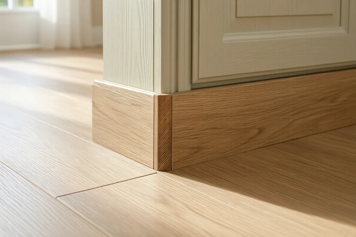 Light oak effect luxury vinyl plank flooring meeting the plinth of a kitchen cabinet