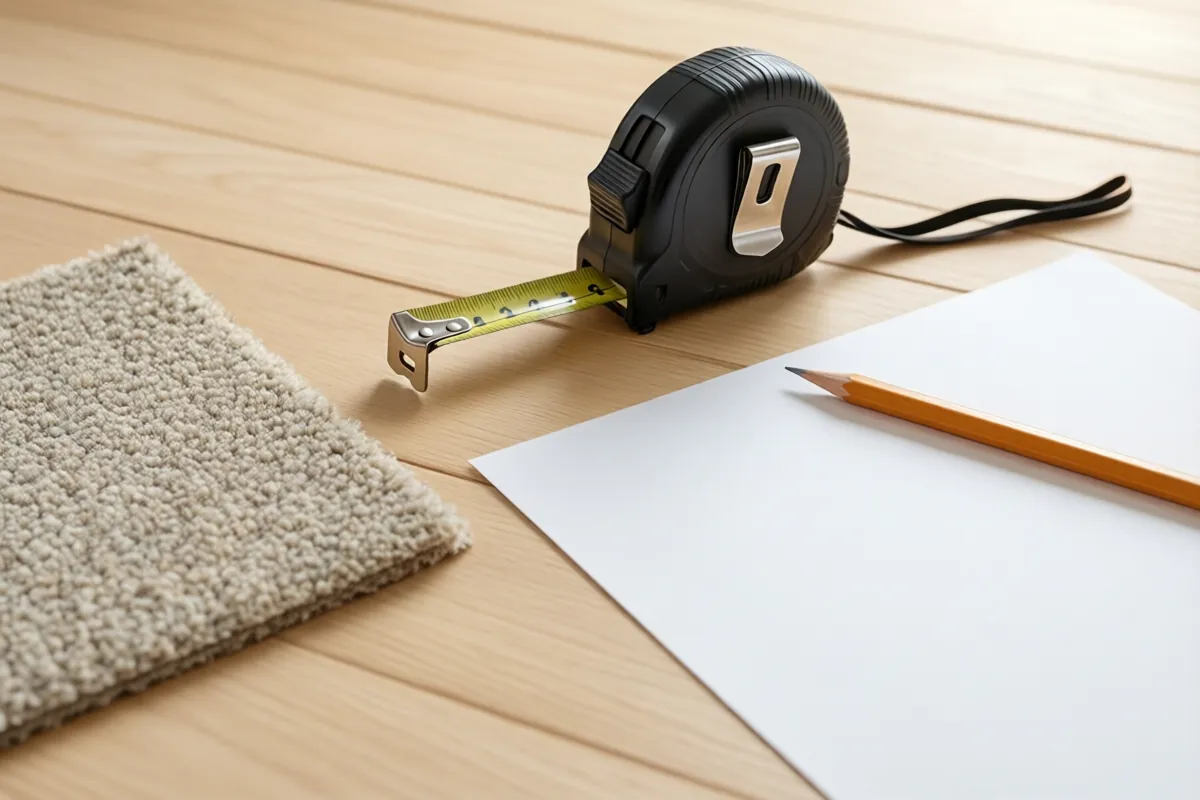 Tape measure, pencil, blank paper and a carpet sample laid out on bare floorboards