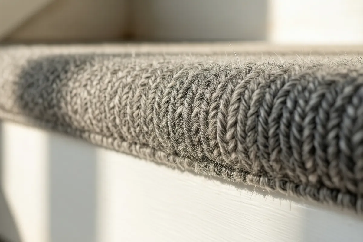 Close-up of dense wool carpet wrapped neatly over the front edge of a stair tread