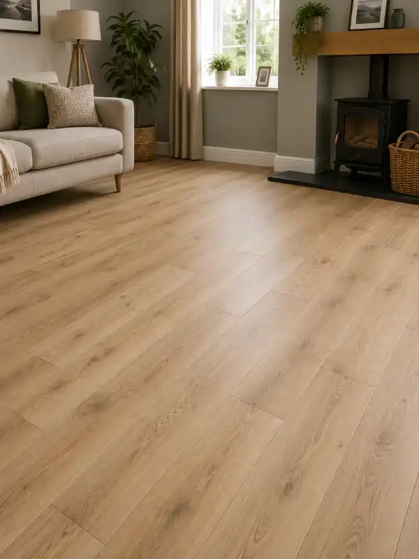 Warm laminate flooring in a bright living room