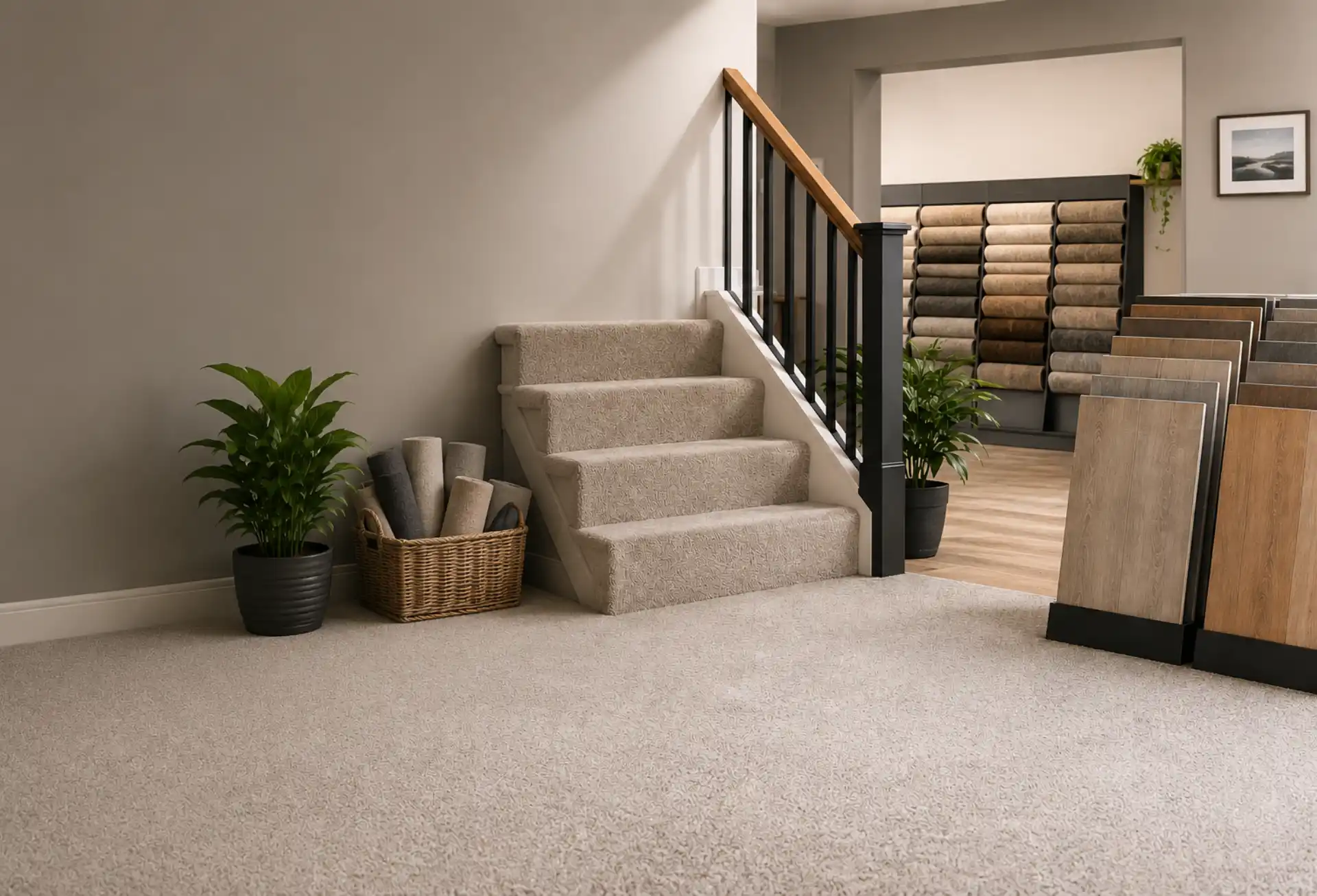 Sandal Carpets showroom — carpet staircase, flooring samples and LVT displays in Wakefield